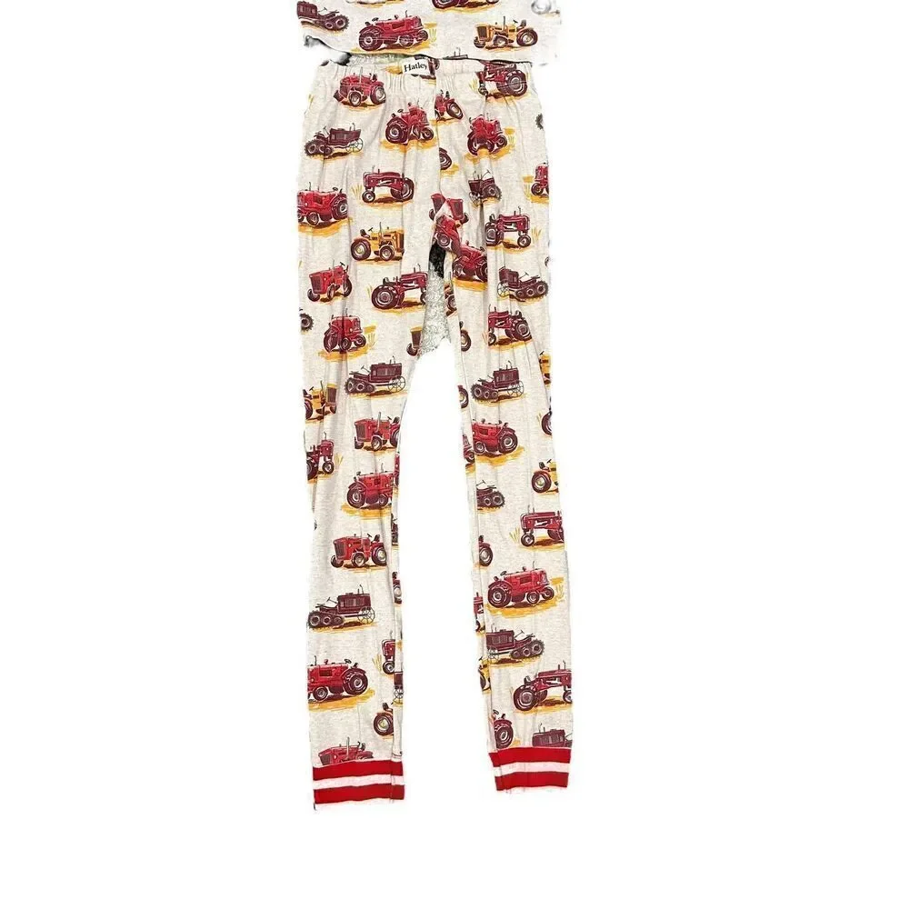 Hatley Kids Size 10 Organic Cotton Tractor Print Pajama Set Red Cream Snug Fit‎